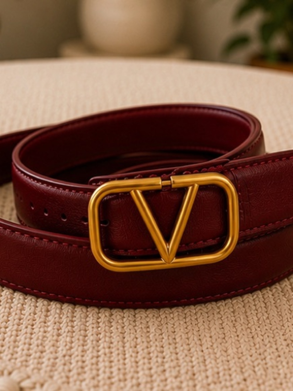 Luxe Burgundy Gold V Buckle Belt Designer Inspired